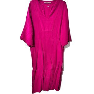 Ocean + Main Gauze Midi Dress Pink Medium 3/4 Sleeve Slit‎ V-Neck Pockets